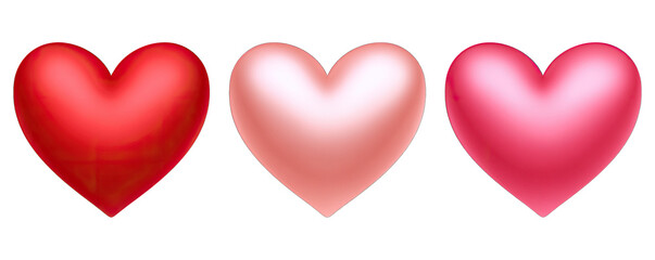 Three hearts in different shades of red are aligned side by side on a white background