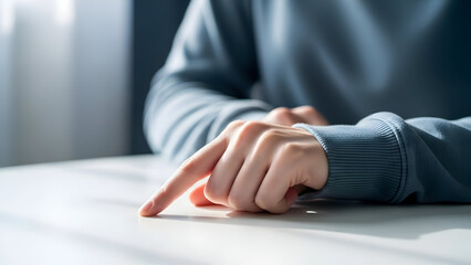 Person sitting at a table with hands on surface