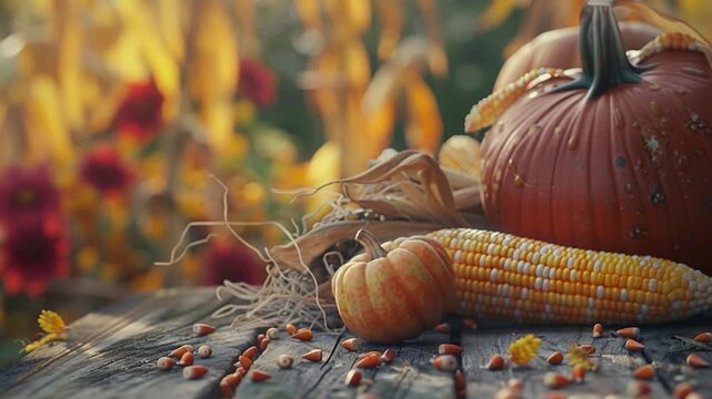 Video A rustic wooden table topped with pumpkins, gourds, and corn