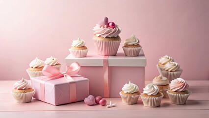 A delightful arrangement of pink and white cupcakes elegantly displayed on pink gift boxes, perfect for a celebratory occasion
