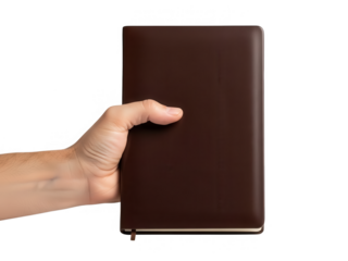 Hand holding a dark brown notebook clean design on transparent background