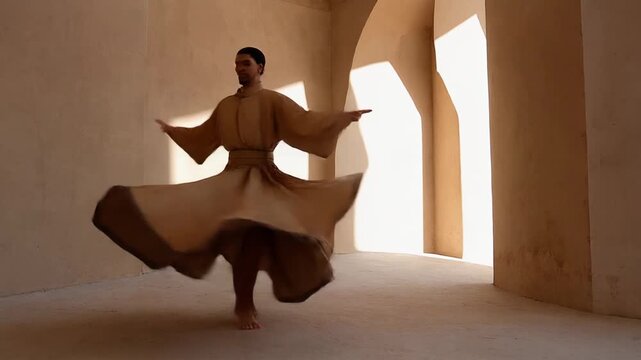 Male dancer in a light brown traditional robe performing a serene whirling dance in a historical building with elegant archways.