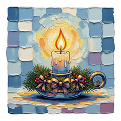 A candle in a decorative holder surrounded by festive greenery and ornaments sits on a surface in front of a mosaic background