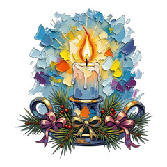 Festive candle lit on ornate holder surrounded by Christmas decorations and evergreen branches