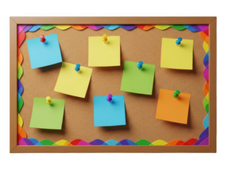 Corkboard with colorful sticky notes and rainbow border on transparent background