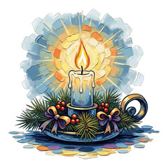 A lit candle surrounded by festive decorations and greenery on a decorative plate