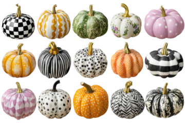 Collection of decorated pumpkins displayed in various colors and patterns for autumn celebration or fall decor ideas