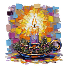 Vibrant candle illustration with festive decorations and colorful mosaic background