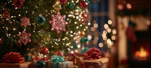 The Christmas tree surrounded by gifts and warm bokeh holiday lights