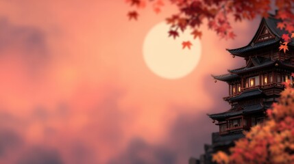 Obraz premium A serene landscape featuring a traditional Asian pagoda silhouetted against a vibrant sunset, surrounded by autumn leaves, This image is ideal for travel articles, cultural presentations