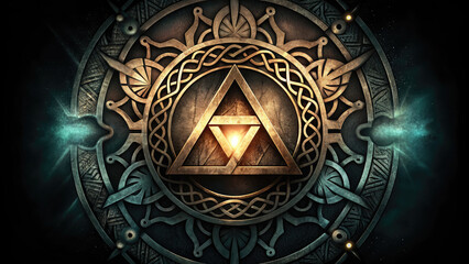Asgard runes with gold and metal triangle symbol concept. Intricate geometric design featuring a central triangle symbol.