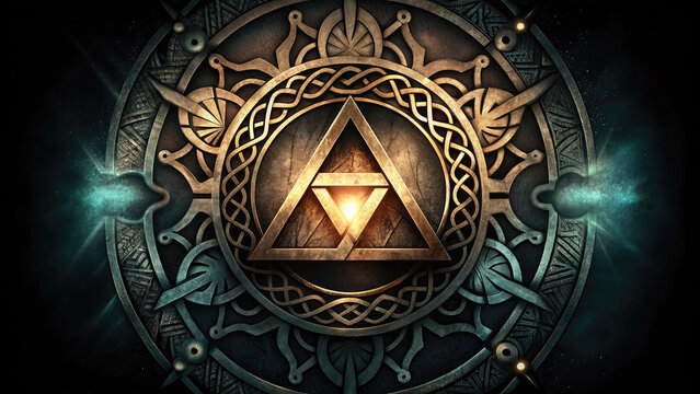 Asgard runes with gold and metal triangle symbol concept. Intricate geometric design featuring a central triangle symbol.