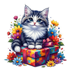 A kitten sitting on a gift box surrounded by colorful flowers