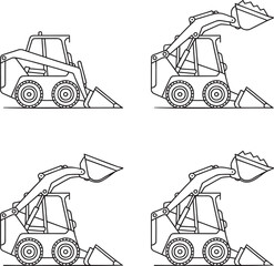Set of Skid steer loaders Outline vector illustration isolated On Transparent Background