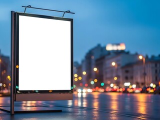 Modern illuminated urban billboard with a blank white screen, reflecting city lights on a wet street at dusk, ideal for impactful advertising