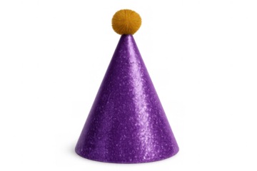 Purple glitter party cone hat with yellow pom-pom representing celebration, birthday, and festive cheer