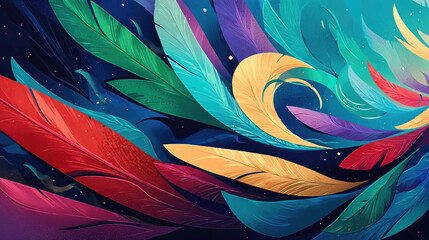 American heritage month with Indigenous Peoples' Day concept. Vibrant and colorful feather design with swirling patterns.