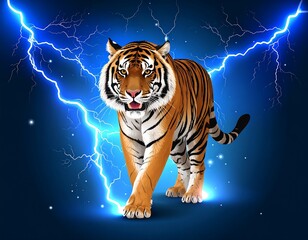 Animated tiger prowling forward with lightning background