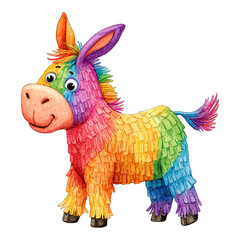 A vibrant rainbow-colored donkey pi&ntilde;ata stands against a white background viewed from a slight angle