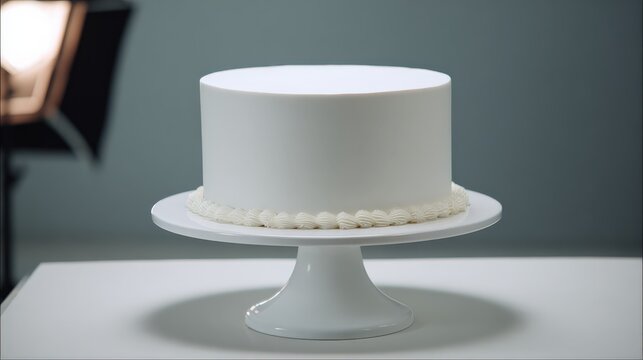Minimalist white cake presentation on stand with soft lighting and neutral background