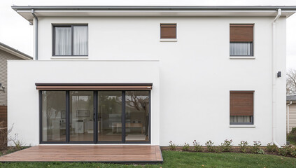 Fototapeta premium Modern white house exterior with large glass doors and wooden deck, AI generated image