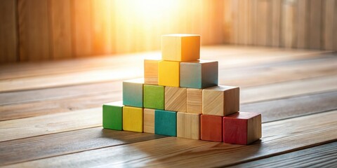 Colorful Wooden Blocks Arranged in a Pyramid Shape on Wooden Surface, Representing Growth, Stability, and Success