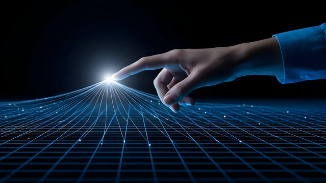 Hand interacting with a futuristic grid network and glowing node - Powered by Adobe