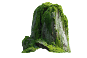Large rock formation covered in green moss near a body of water during daylight