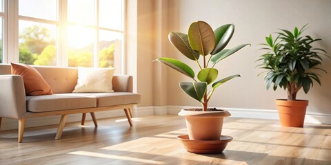 Sunlit Interior Featuring Vibrant Potted Plants and a Comfortable Sofa