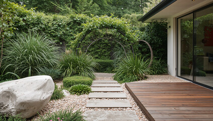Obraz premium Modern garden design with a stone pathway leading to an arched trellis and lush greenery