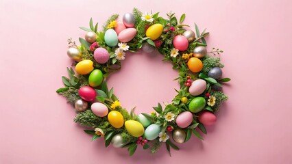A vibrant springtime arrangement of colorful eggs nestled within a wreath of blossoming greenery and delicate flowers, creating a festive and cheerful scene.