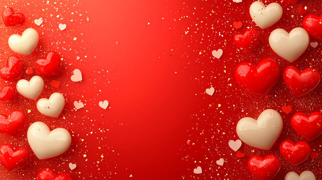 Fondo rom&aacute;ntico de San Valent&iacute;n con corazones 3D rojos y blancos con purpurina dorada y espacio central para texto.