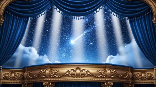 A luxury celebration setup with an ornate golden frame blue center surrounded by sparkling decorations balloons cakes glowing stars and hanging lights symmetrical tiered stage design vibrant festive m