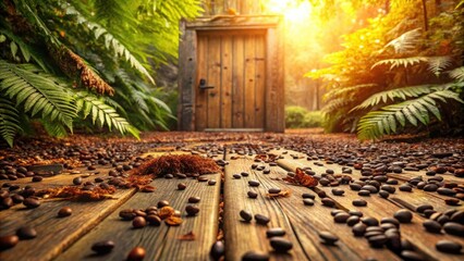 Wooden pathway strewn with coffee beans leading to a rustic wooden door in a sun-dappled forest setting