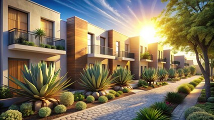 Sun-Drenched Modern Townhomes with Lush Desert Landscaping and Paved Walkway