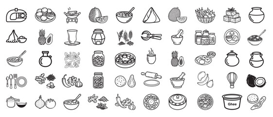 Outline icons of Indian food ingredients and dishes