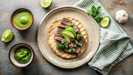 Savory Grilled Meat Flatbread with Zesty Green Sauce and Fresh Cucumber Slices