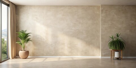 Minimalist interior design featuring a neutral-toned wall, potted plants, and sunlight streaming through a sheer curtain.