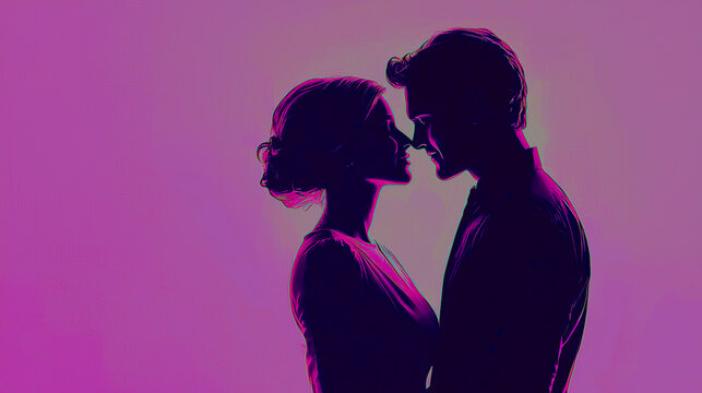 Silueta art&iacute;stica de una pareja rom&aacute;ntica a punto de besarse sobre un fondo degradado p&uacute;rpura y magenta. Concepto de amor, pasi&oacute;n, San Valent&iacute;n e intimidad.