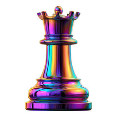 A metallic queen chess piece glistens with rainbow hues against a white background