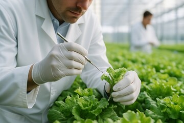 Agricultural scientist examining lettuce leaf for research in greenhouse laboratory environment, concept of food safety and biotechnology in science.. Ai generative