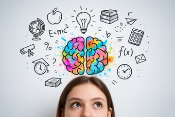 Colorful brain with science and education icons around young girl's head representing creativity and learning concept on white background. Ai generative