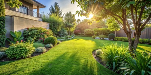 A Lush Residential Garden Bathed in Golden Sunlight, Featuring a Variety of Greenery and Well-Maintained Lawns, Presenting a Serene and Tranquil Outdoor Oasis