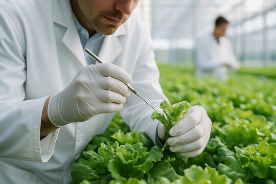 Agricultural scientist examining lettuce leaf for research in greenhouse laboratory environment, concept of food safety and biotechnology in science.. Ai generative - Powered by Adobe
