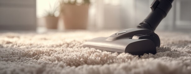 The vacuum cleaner head cleaning plush carpet in a sunlit modern living room