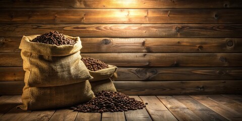 Rustic Burlap Sacks Overflowing with Aromatic Coffee Beans Against a Warm Wooden Background