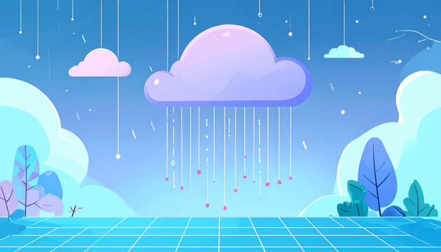 Whimsical landscape with stylized clouds, rain, trees, and a blue grid ground in a light blue scene