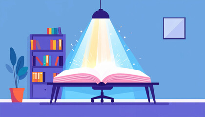 Stylized workspace with illuminated open book, bookshelf, plant, chair and picture on wall in muted blue tones