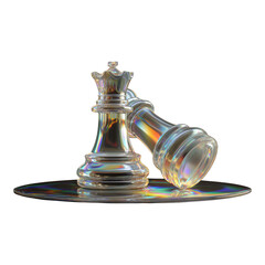 A silver queen chess piece standing over a fallen king on a reflective surface