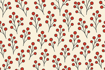 Minimalist red winter berry branch seamless pattern on beige © mdalhazsarkar